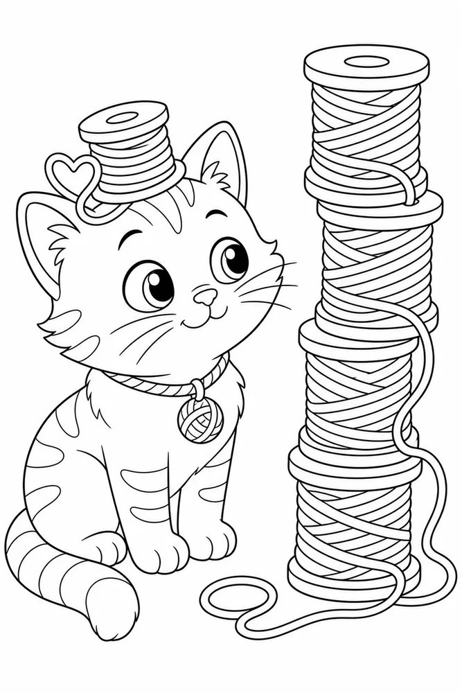 Yarn Cat Spool Tower printable coloring page for kids