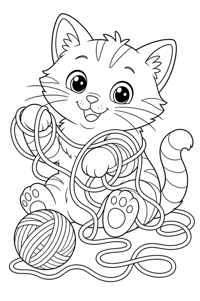 Yarn Cat Tangled Paws printable coloring page for kids