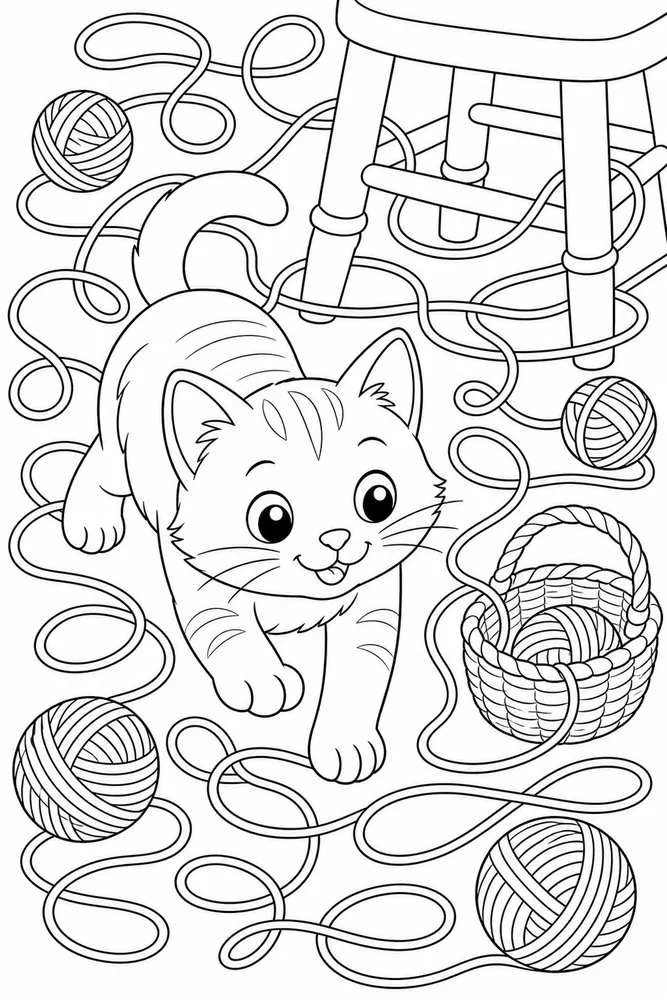 Yarn Cat Tangled Trail printable coloring page for kids