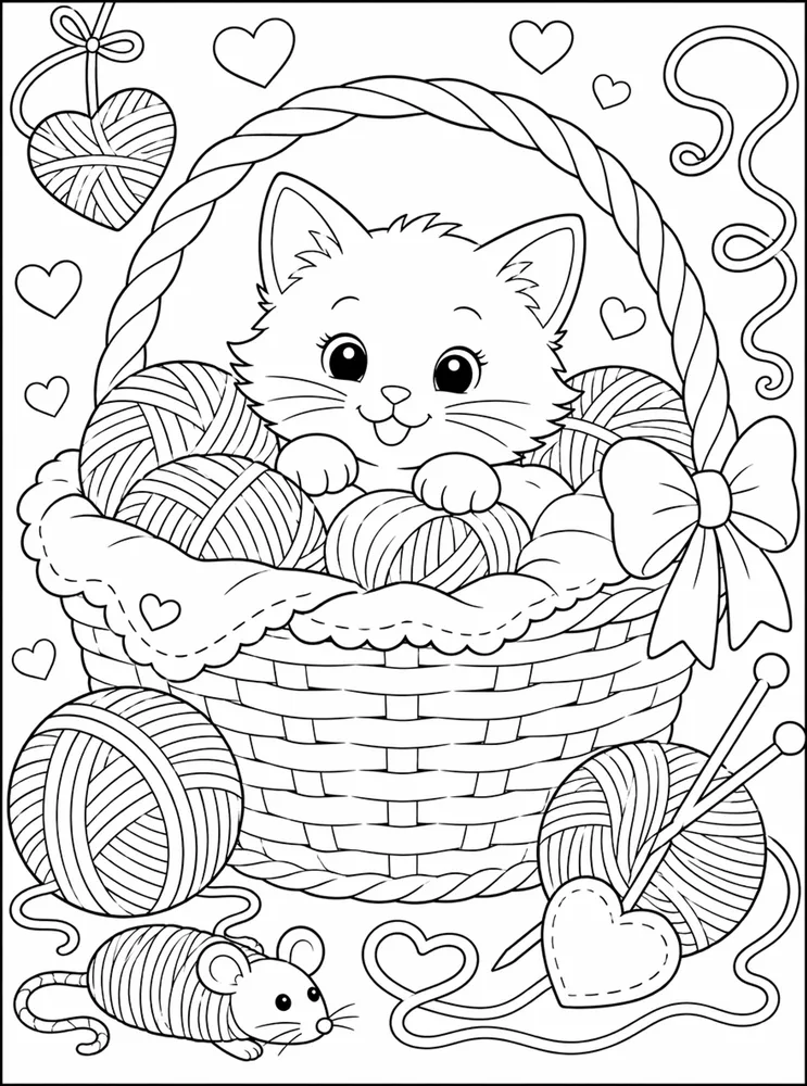 Yarn Cat Woven Basket printable coloring page for kids