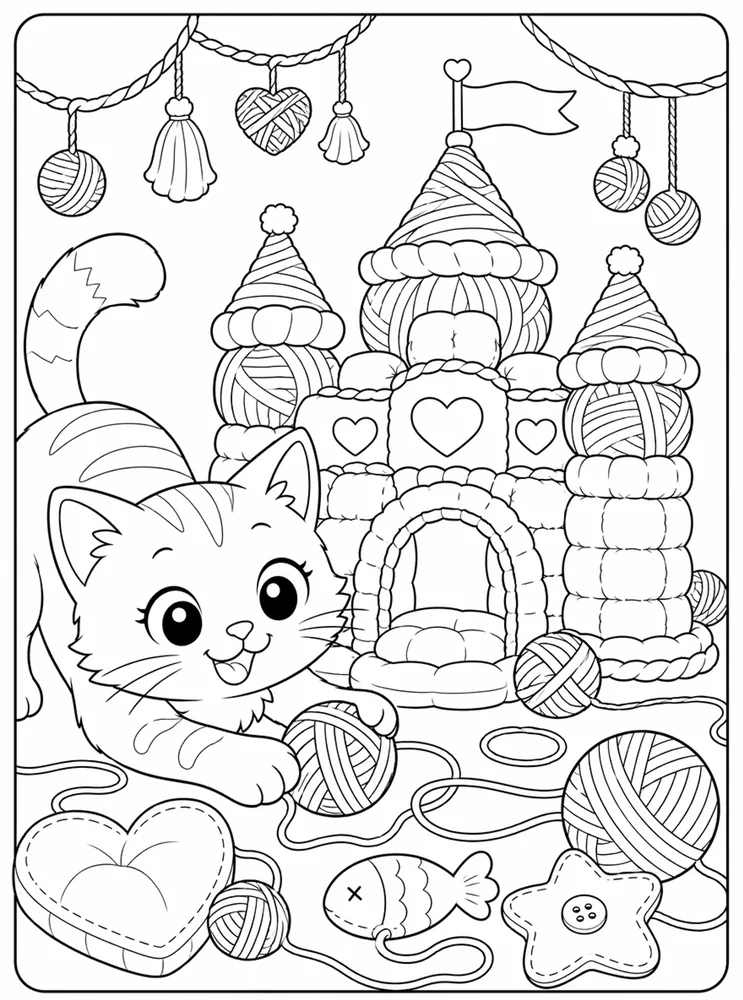 Yarn Cat Yarn Castle printable coloring page for kids