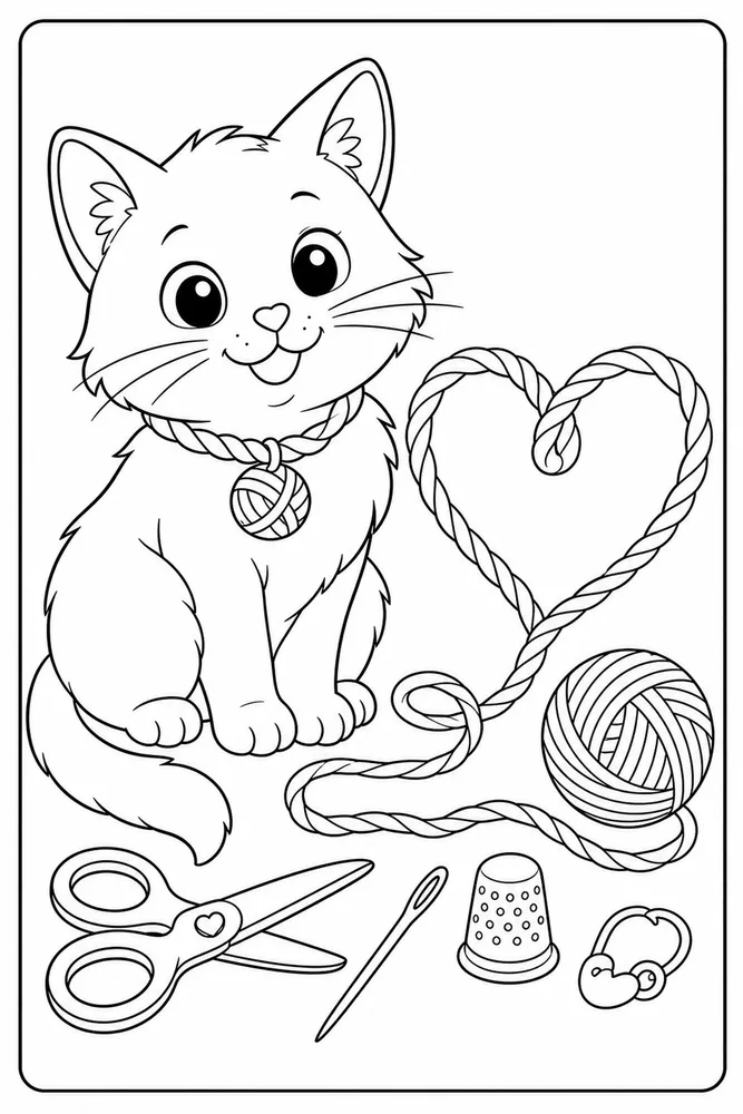 Yarn Cat Yarn Heart printable coloring page for kids