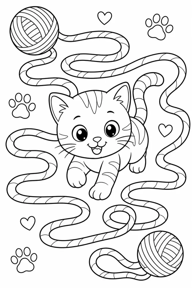 Yarn Cat Yarn Maze printable coloring page for kids