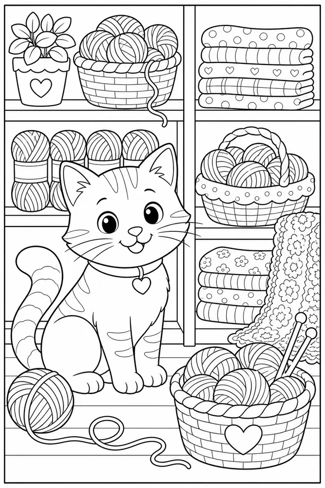Yarn Cat Yarn Shelf printable coloring page for kids