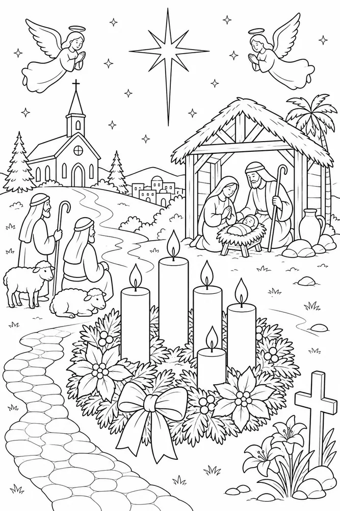 Christian Christmas Advent Candle Wreath printable coloring page