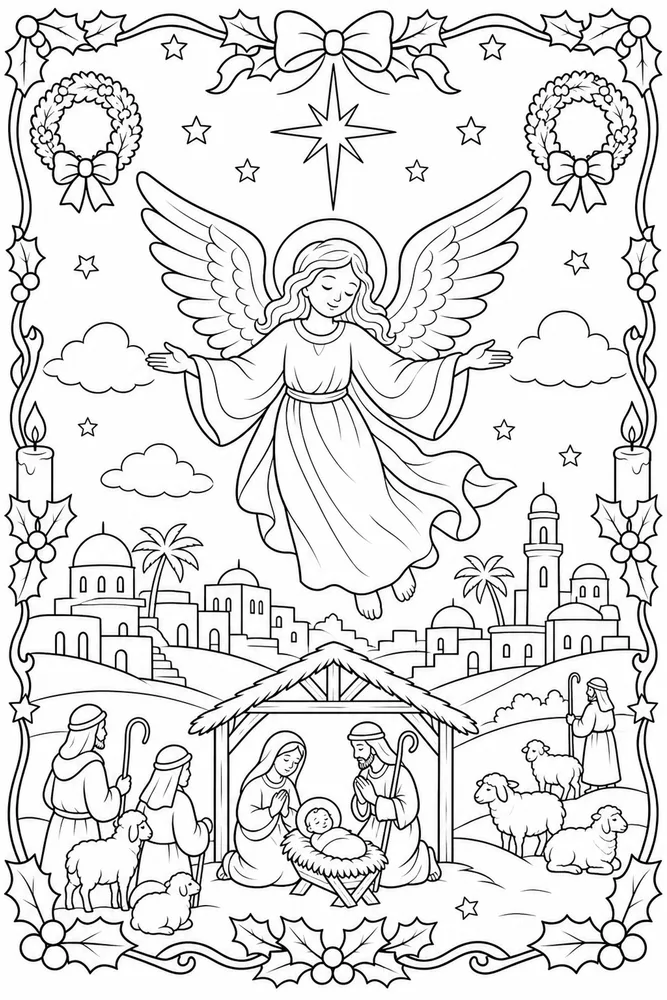 Christian Christmas Angel Above Bethlehem printable coloring page