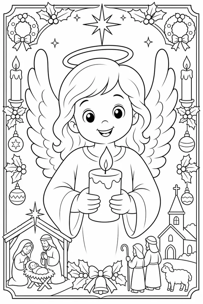 Christian Christmas Angel Holding Candle printable coloring page
