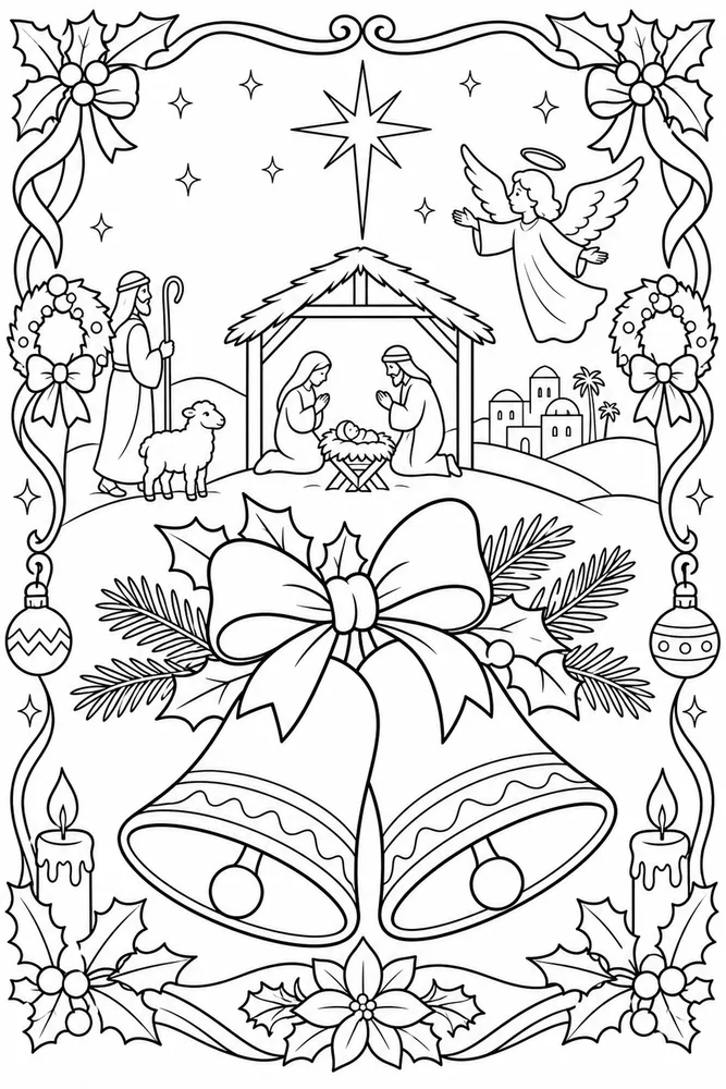 Christian Christmas Bells With Scripture Border printable coloring page