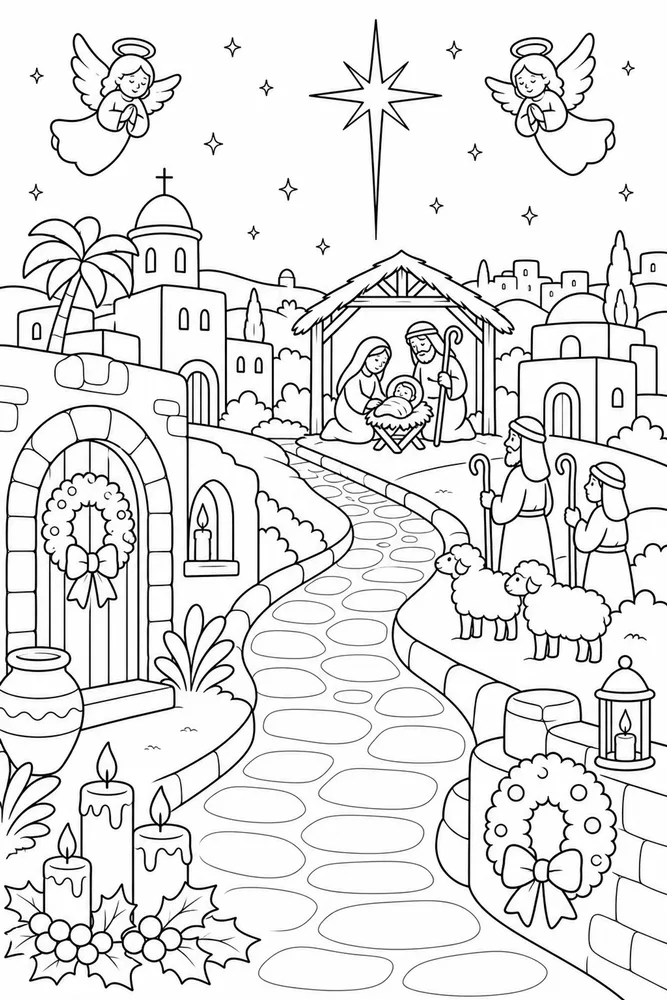 Christian Christmas Bethlehem Village Path printable coloring page