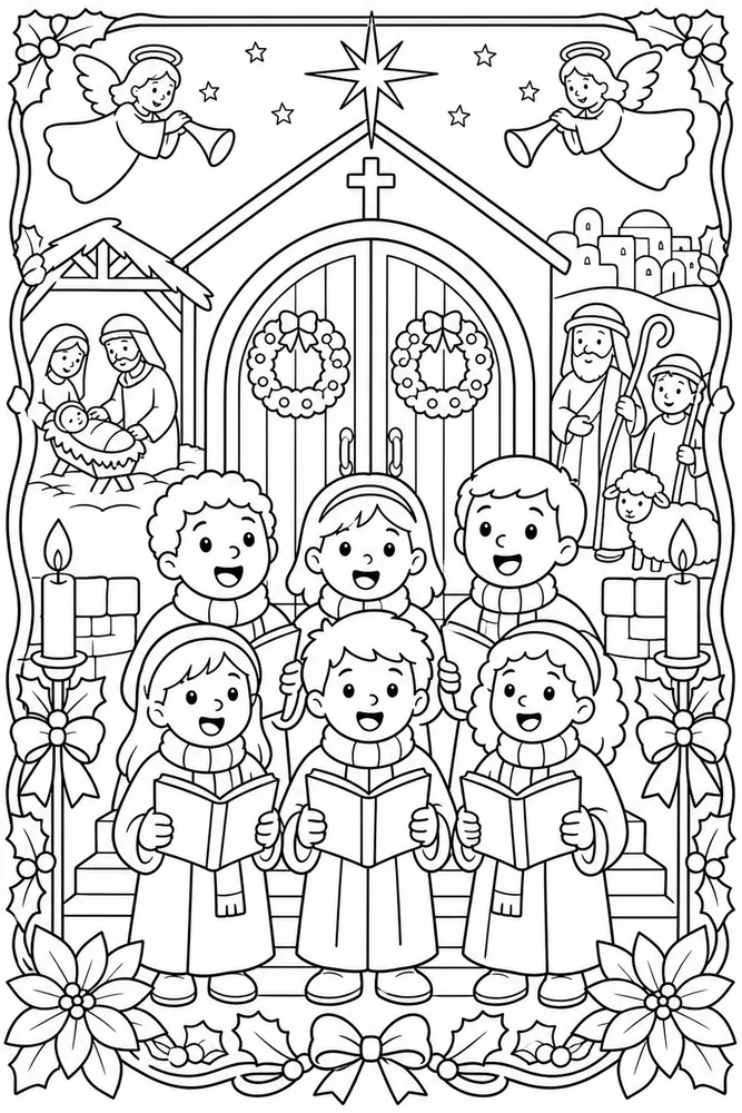 Christian Christmas Choir By Church Doors printable coloring page