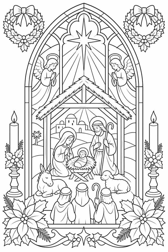Christian Christmas Christmas Chapel Window printable coloring page