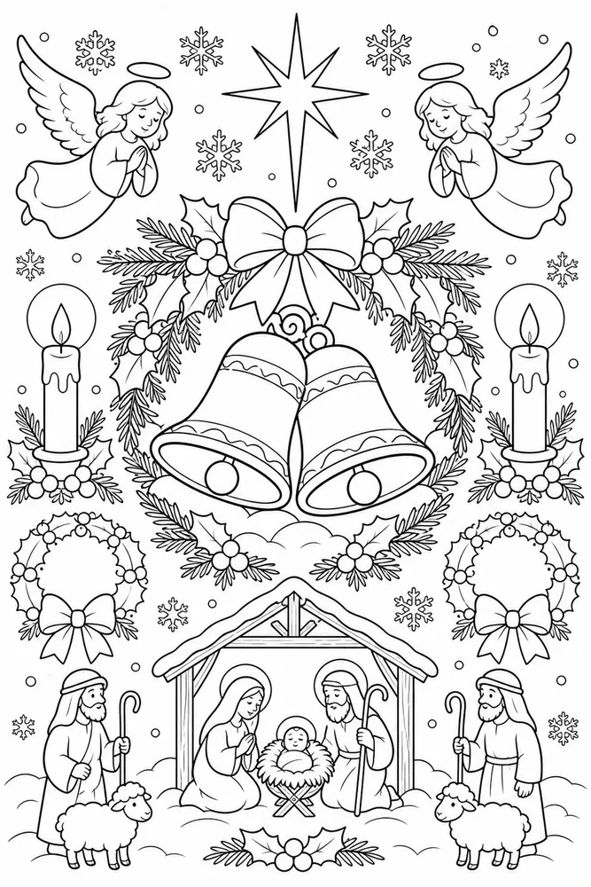 Christian Christmas Church Bells In Snow printable coloring page