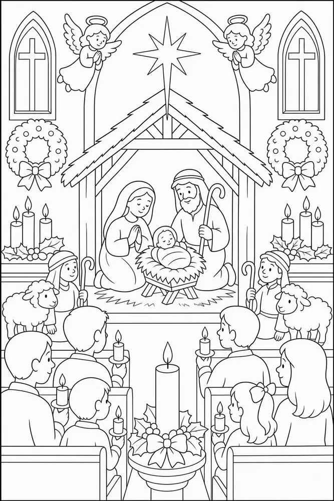 Christian Christmas Church Candle Service printable coloring page