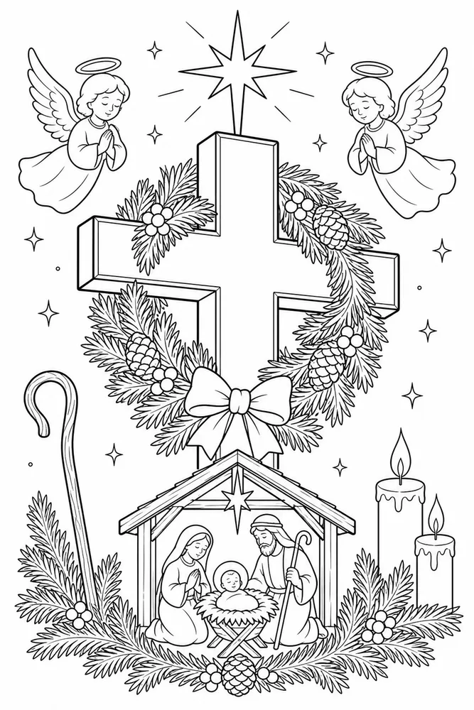 Christian Christmas Cross With Pine Wreath printable coloring page