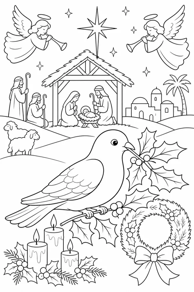 Christian Christmas Dove And Holly Branch printable coloring page