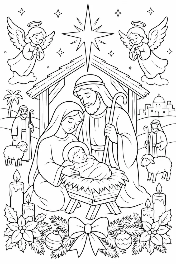 Christian Christmas Holy Family Silhouette printable coloring page