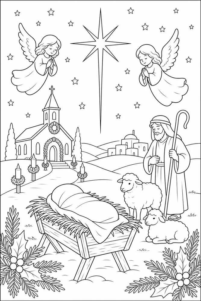 Christian Christmas Manger With Star printable coloring page