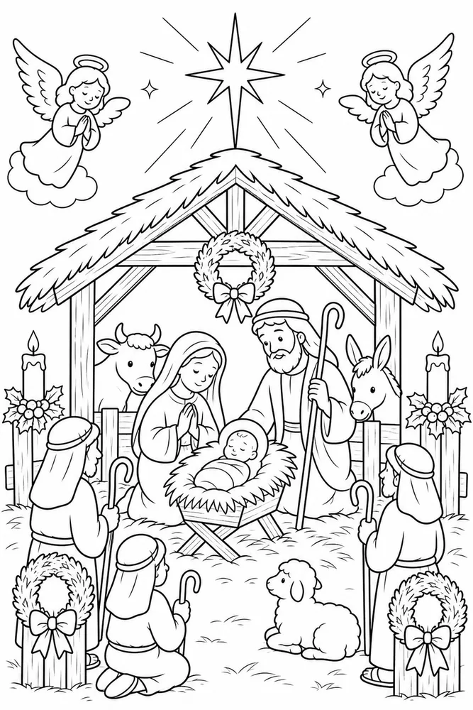 Christian Christmas Nativity Stable Scene printable coloring page