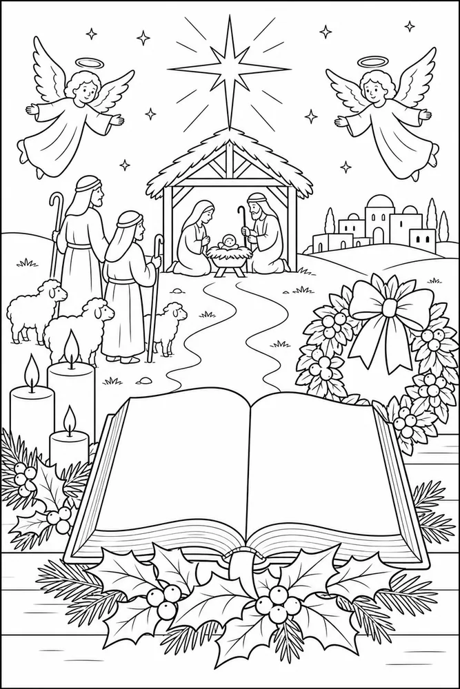 Christian Christmas Open Bible With Holly printable coloring page