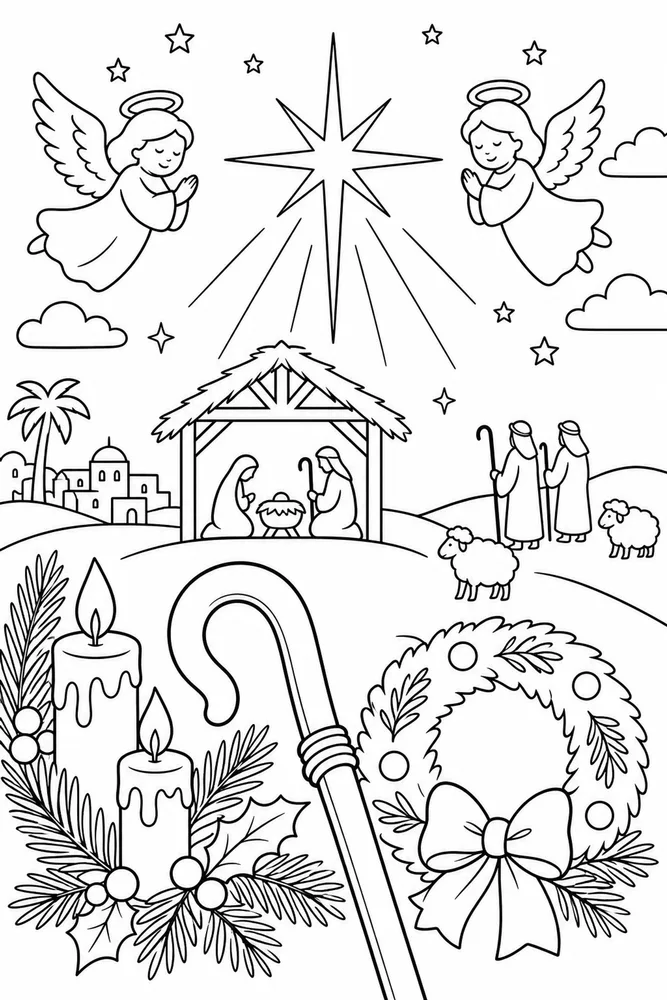 Christian Christmas Shepherd Staff And Star printable coloring page
