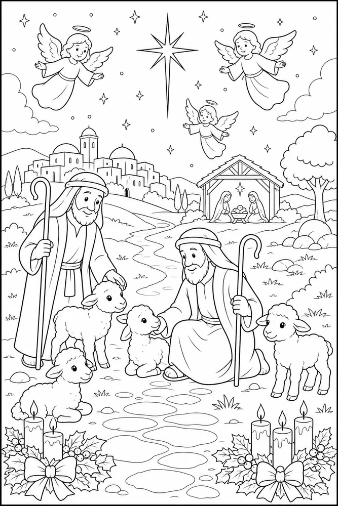 Christian Christmas Shepherds With Lambs printable coloring page