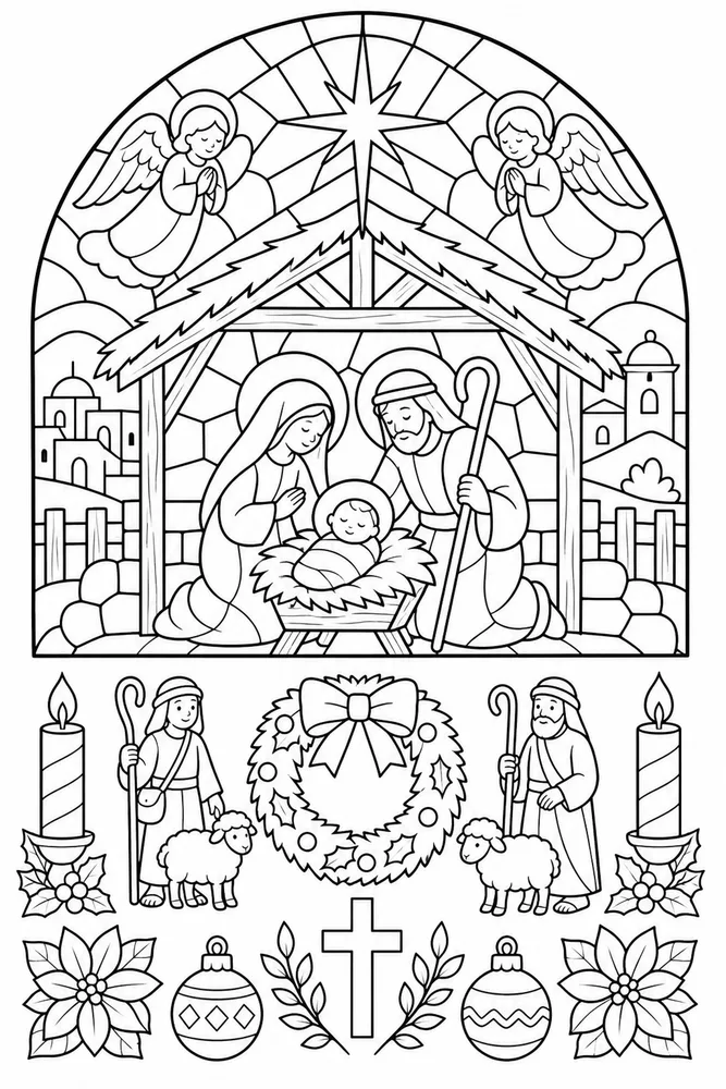 Christian Christmas Stained Glass Nativity printable coloring page