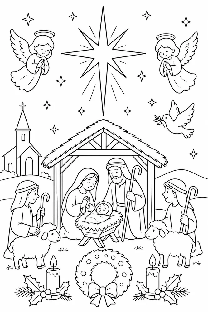 Christian Christmas Star Of Bethlehem Sky printable coloring page