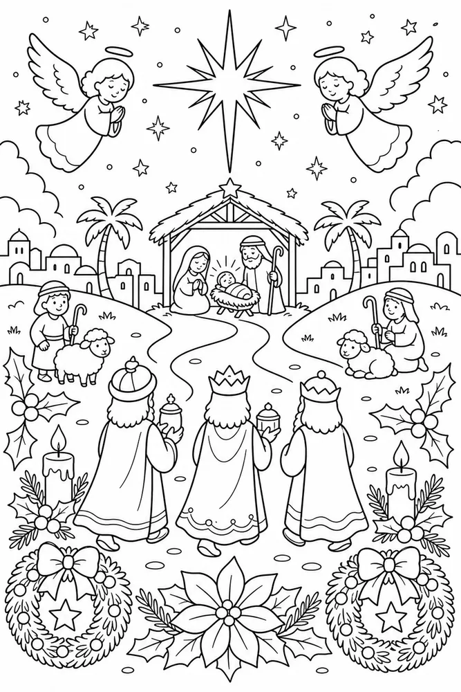 Christian Christmas Wise Men Journey printable coloring page