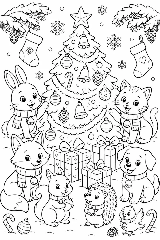 Christmas Animal Animal Friends Around Christmas Tree printable coloring page