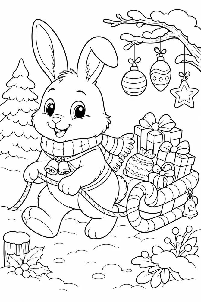 Christmas Animal Bunny Pulling Candy Cane Sled printable coloring page