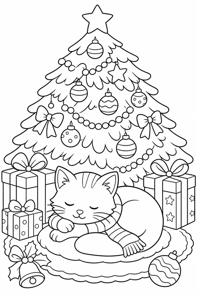 Christmas Animal Cat Napping Under Christmas Tree printable coloring page