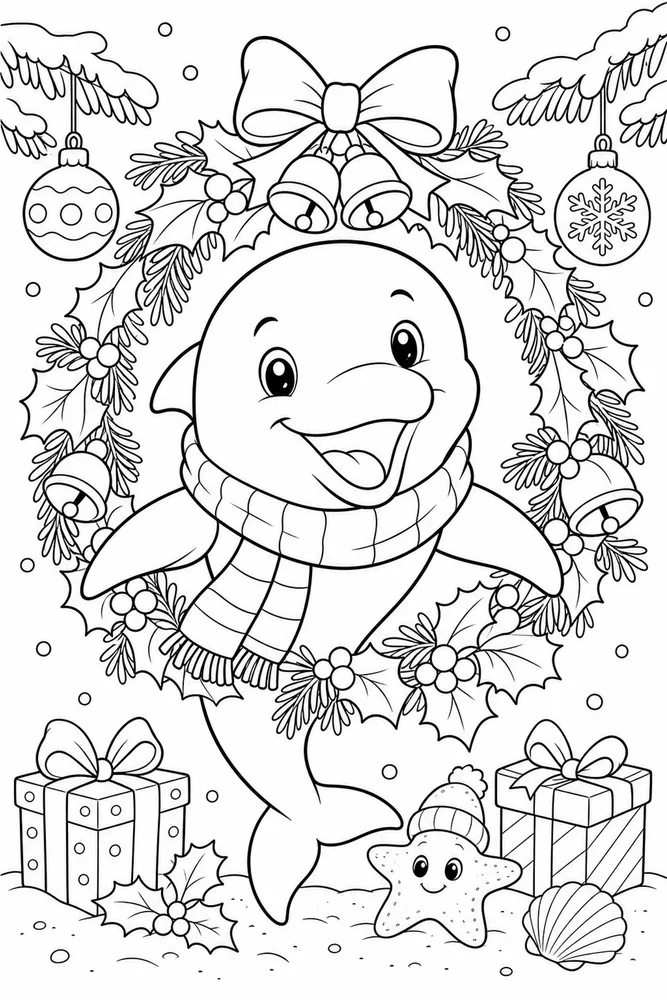 Christmas Animal Dolphin with Holiday Wreath Hoop printable coloring page