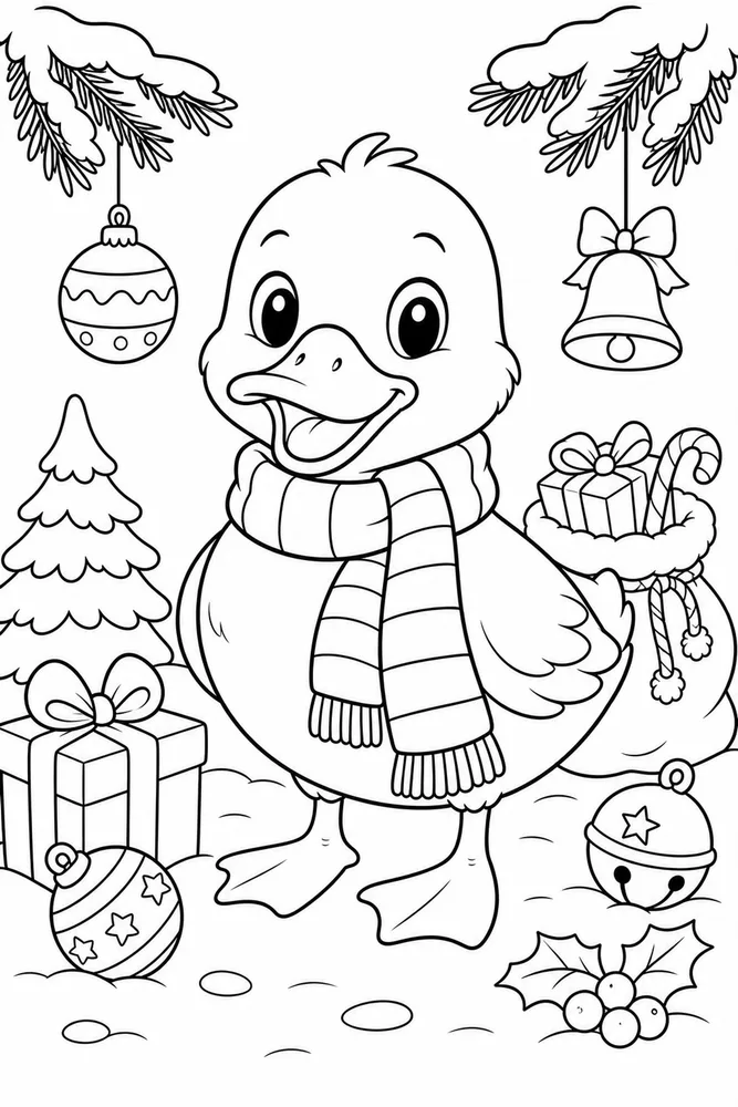 Christmas Animal Duck with Striped Christmas Scarf printable coloring page