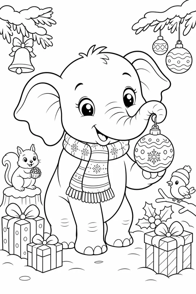 Christmas Animal Elephant Calf Holding Ornament printable coloring page