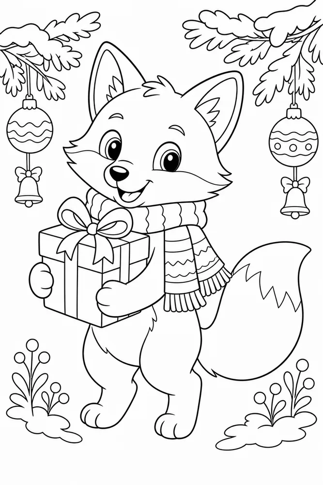 Christmas Animal Fox Carrying Wrapped Present printable coloring page