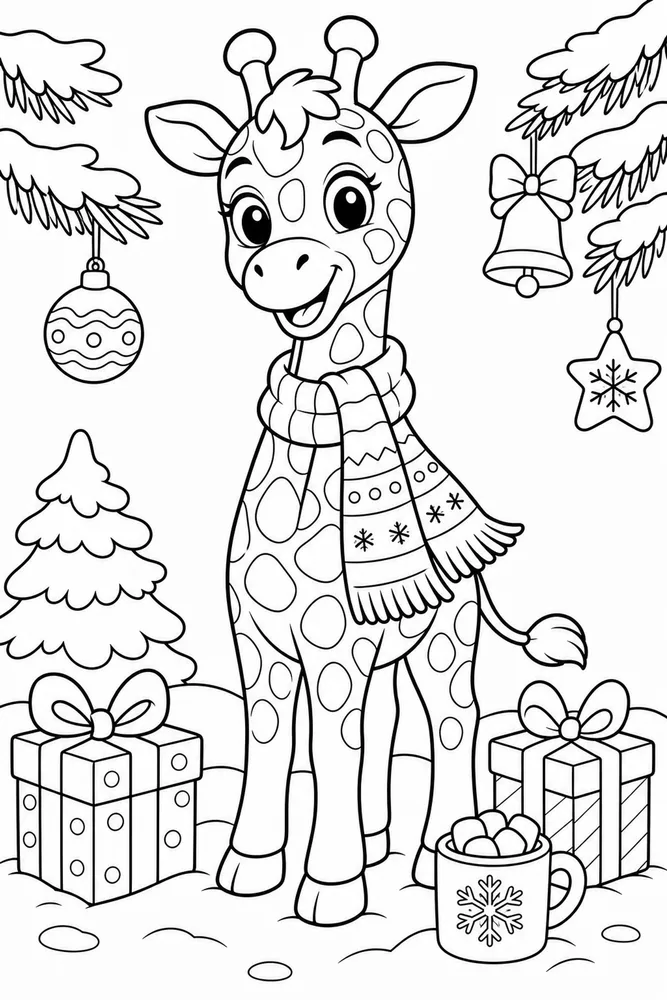Christmas Animal Giraffe with Christmas Scarf printable coloring page