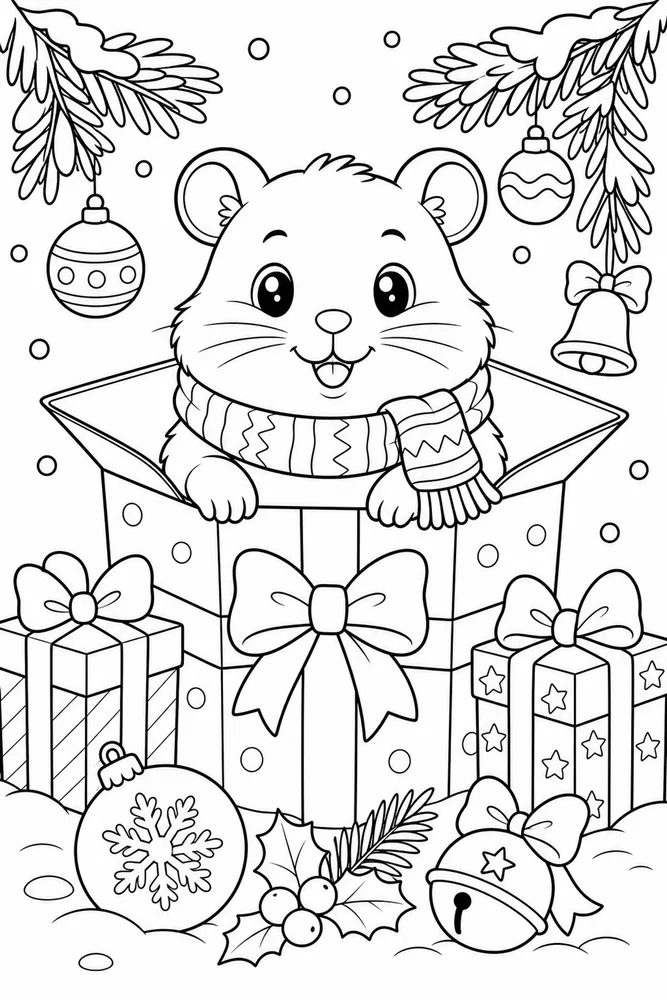 Christmas Animal Hamster Peeking From Present Box printable coloring page