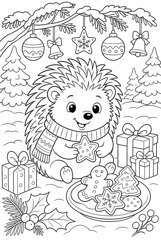 Christmas Animal Hedgehog Beside Christmas Cookies printable coloring page