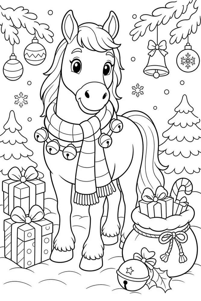 Christmas Animal Horse Wearing Sleigh Bells printable coloring page