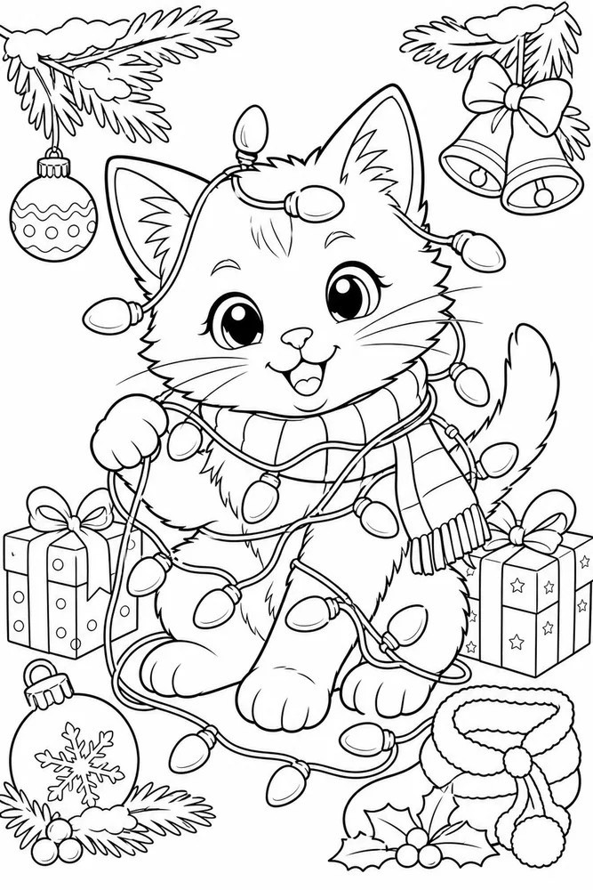 Christmas Animal Kitten Tangled in Christmas Lights printable coloring page
