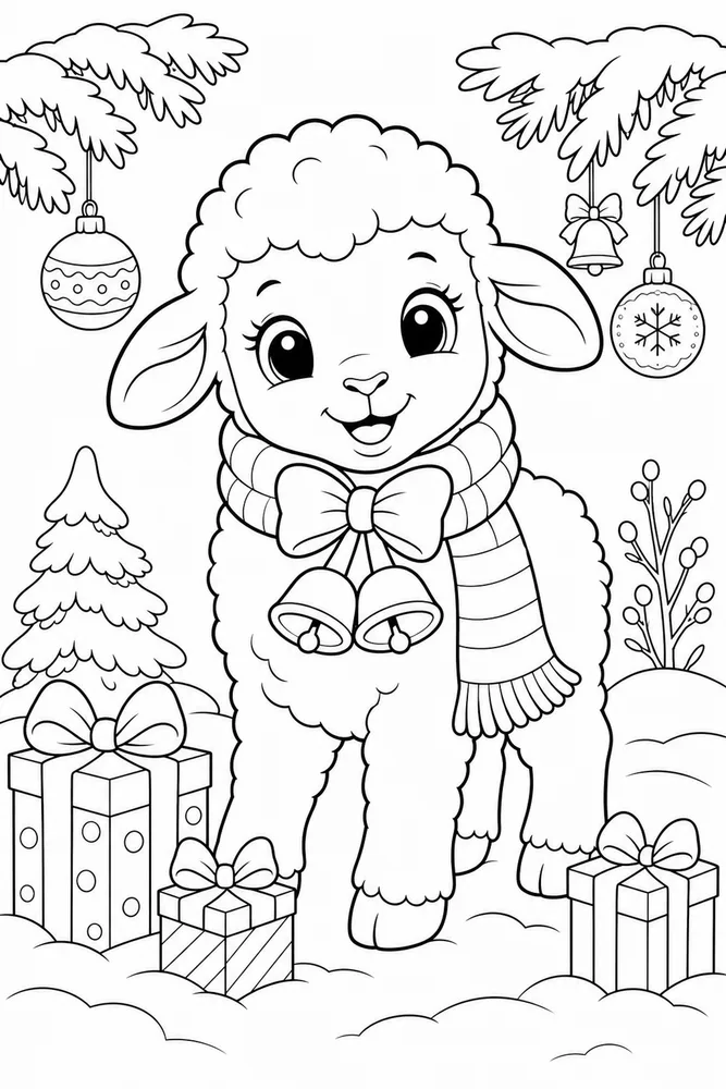 Christmas Animal Lamb with Christmas Bell Bow printable coloring page