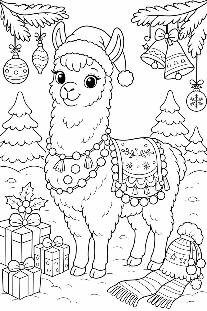 Christmas Animal Llama Wearing Garland Blanket printable coloring page