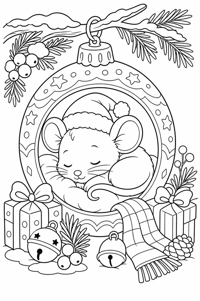 Christmas Animal Mouse Sleeping in Ornament Nest printable coloring page