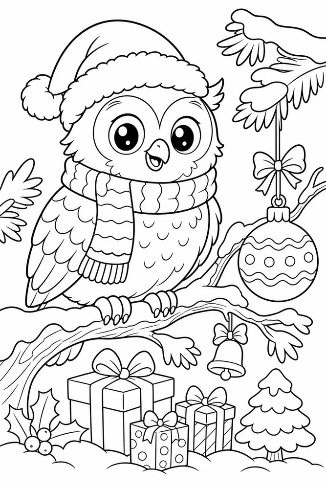 Christmas Animal Owl on Snowy Branch with Ornament printable coloring page
