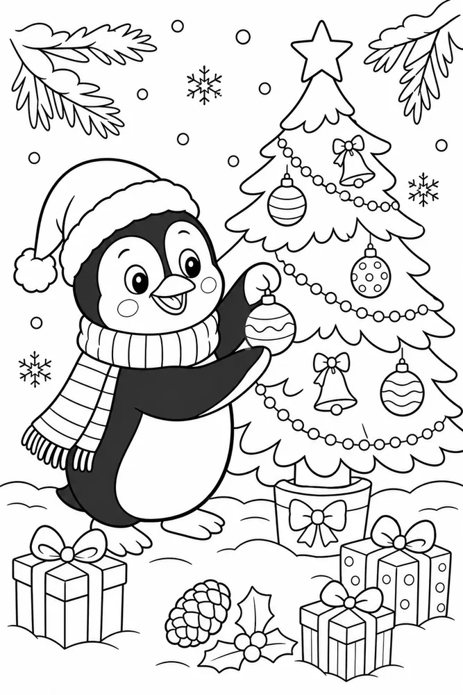 Christmas Animal Penguin Decorating Christmas Tree printable coloring page