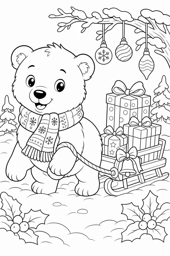 Christmas Animal Polar Bear Cub with Gift Sled printable coloring page