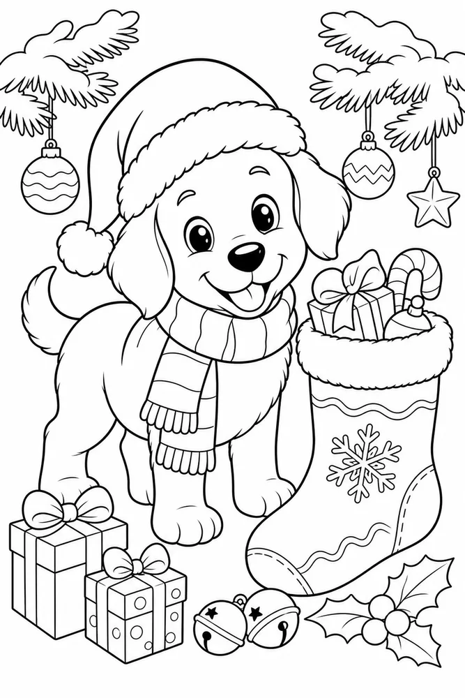 Christmas Animal Puppy in Santa Hat by Stocking printable coloring page
