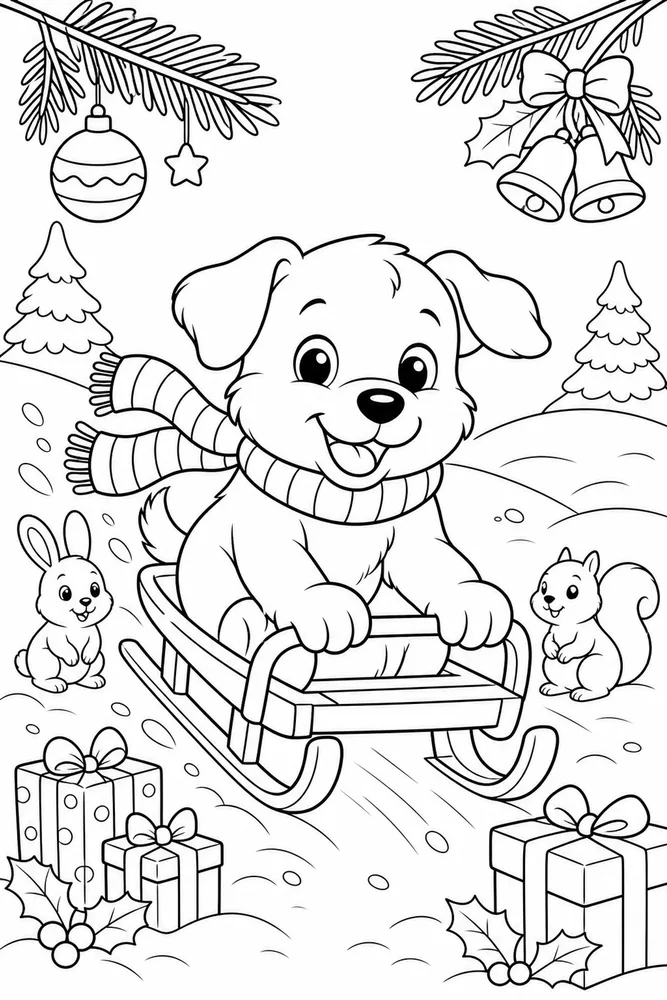 Christmas Animal Puppy Sledding with Scarf printable coloring page