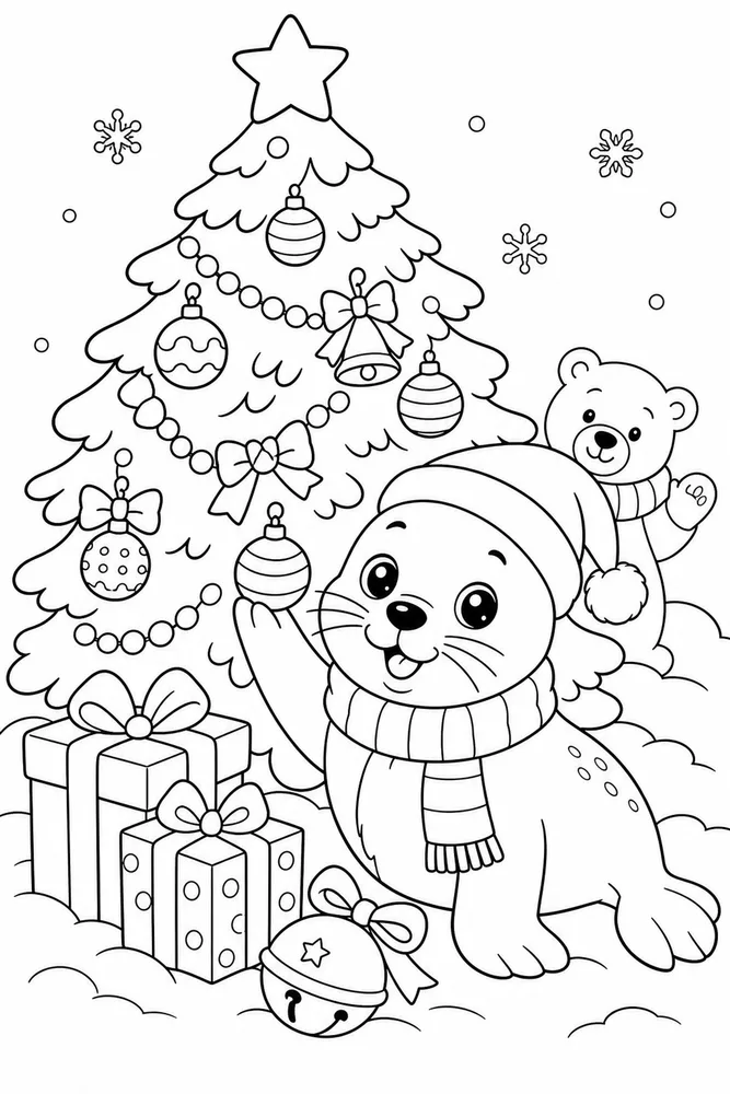 Christmas Animal Seal Pup Beside Polar Tree printable coloring page