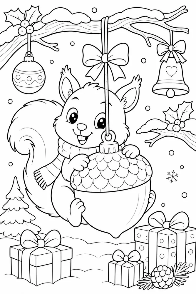 Christmas Animal Squirrel Hanging Acorn Ornament printable coloring page